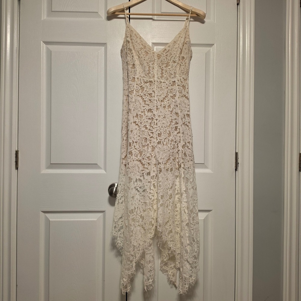 Lulus the Label Floral Lace Handkerchief Hem Midi Dress Ivory White Size Small